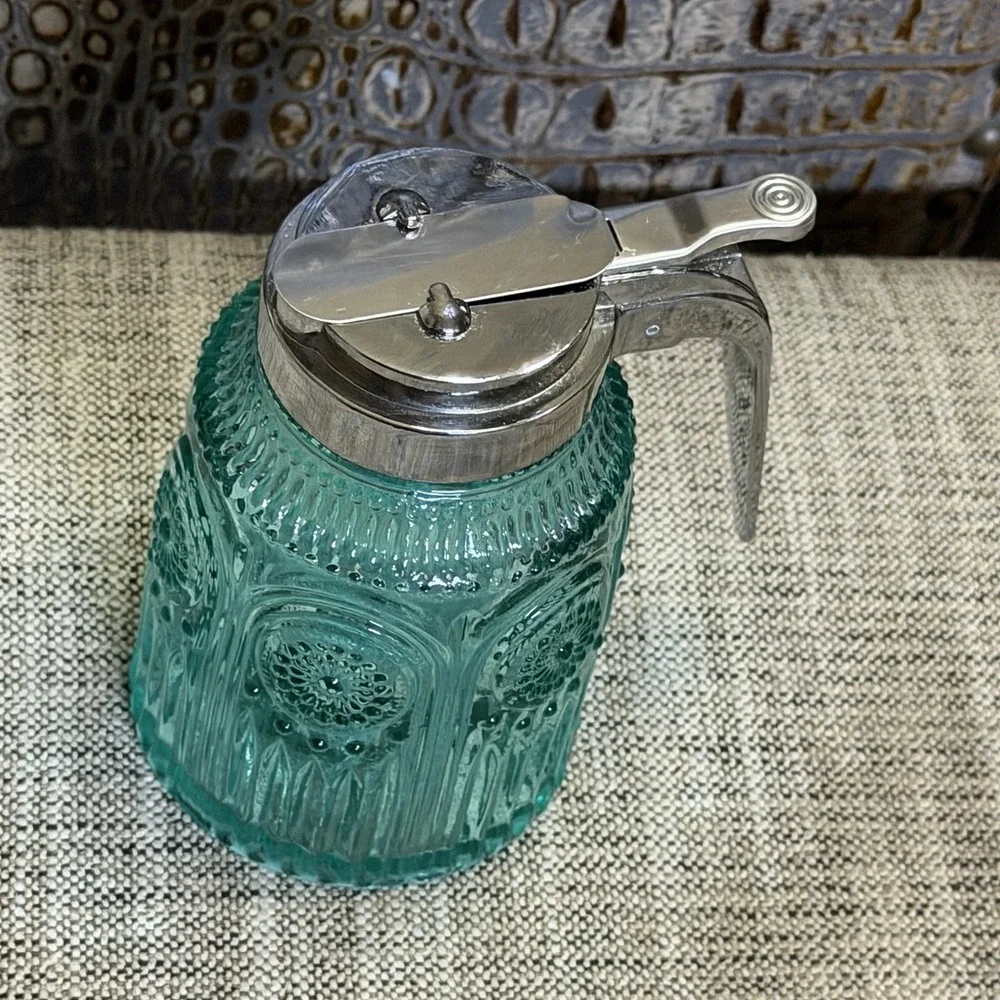 Pioneer Woman Adeline Turquoise‎ Glass Syrup Dispenser • Embossed • Farmhouse